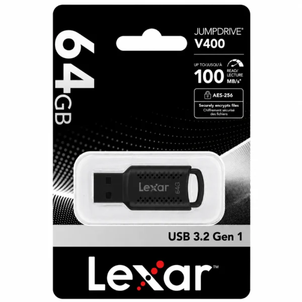 Lexar LJDV400064G-BNBNG JumpDrive USB 3.2 Gen 1 Flash Drive, Up to 100MB/s Transfer Speed, 256-bit AES Encryption, Compact Design, Key Ring Loop, Compatible with PC and Mac - 64GB