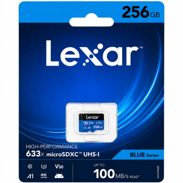 Lexar LSDMI256GBB633A 633x microSDXC UHS-I Memory Card, U3, Up to 100MB/s Read, Up to 45MB/s Write, Class 10, V30, A1, 4K UHD - 256GB