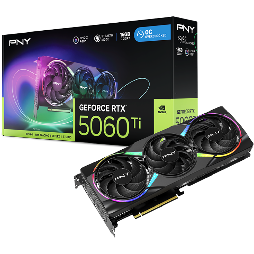 PNY GeForce RTX 5060 Ti EPIC-X ARGB OC Triple Fan 16GB GDDR7 Graphics Card, PCIe 5.0, DLSS 4, HDMI 2.1b, DisplayPort 2.1b