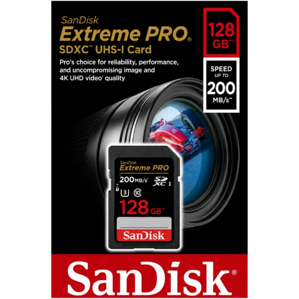 SanDisk Extreme SDSDXXD-128G-GN4IN Memory Card, Up to 200MB/s Read Speed, U3, V30, Class 10, 4K UHD SD Card for DSLR Cameras - 128GB