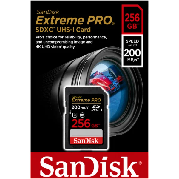 SanDisk Extreme SDSDXXD-256G-GN4IN Memory Card, Up to 200MB/s Read Speed, U3, V30, Class 10, 4K UHD SD Card for DSLR Cameras - 256GB