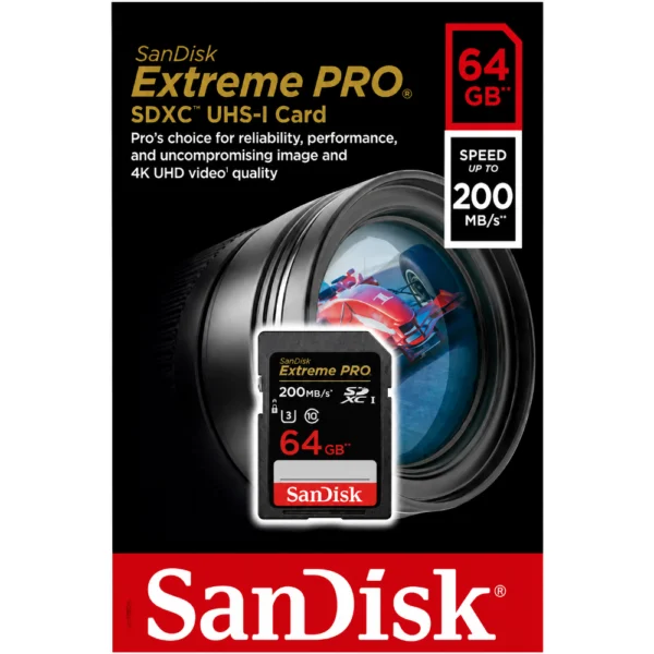 SanDisk Extreme SDSDXXU-064G-GN4IN Memory Card, Up to 200MB/s Read Speed, U3, V30, Class 10, 4K UHD SD Card for DSLR Cameras - 64GB