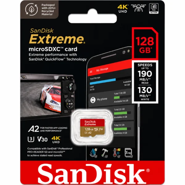 SanDisk Extreme SDSQXAA-128G-GN6MN microSD Card, Up to 190MB/s Read Speed, A2, U3, V30, 4K UHD Memory Card - 128GB