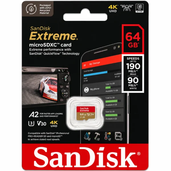 SanDisk Extreme SDSQXAH-064G-GN6MN microSD Card, Up to 170MB/s Read Speed, A2, U3, V30, 4K UHD Memory Card - 64GB