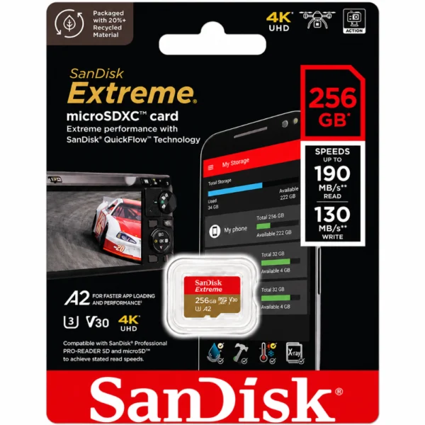 SanDisk Extreme SDSQXAV-256G-GN6MN microSD Card, Up to 190MB/s Read Speed, A2, U3, V30, 4K UHD Memory Card - 256GB
