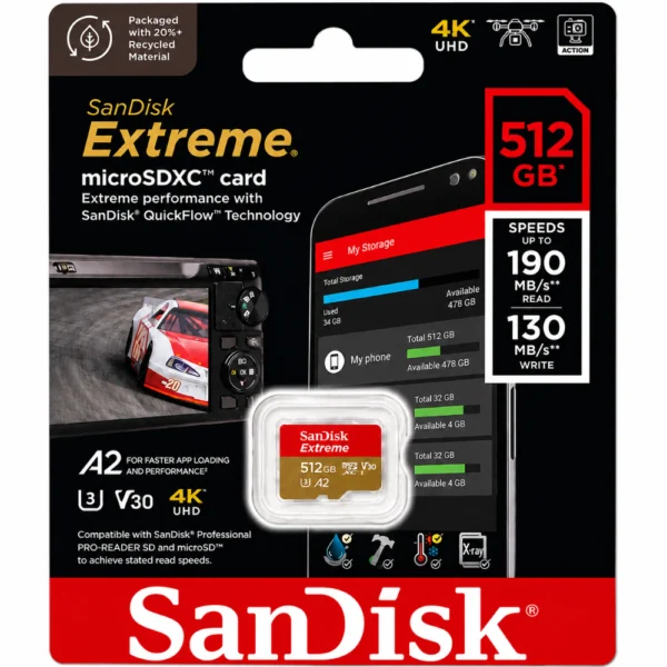 SanDisk Extreme SDSQXAV-512G-GN6MN microSD Card, Up to 190MB/s Read Speed, A2, U3, V30, 4K UHD Memory Card - 512GB