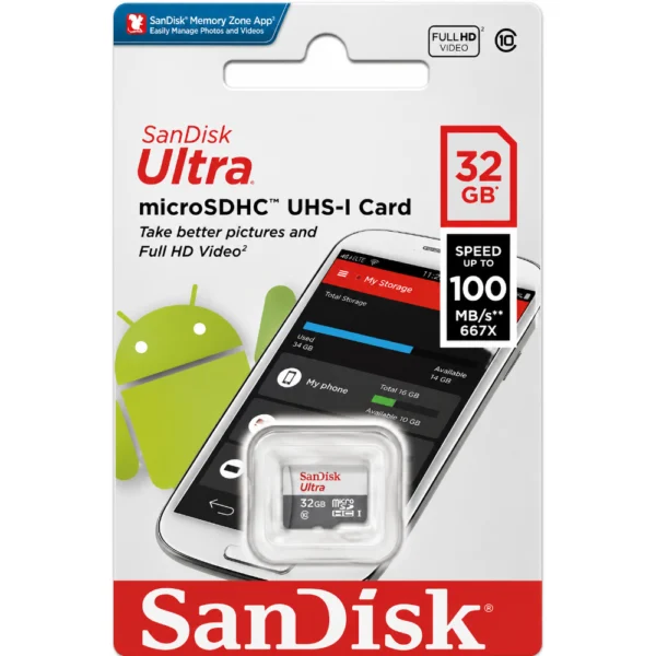 SanDisk Ultra SDSQUNR-032G-GN3MN microSD Card, Up to 100MB/s Read Speed, UHS-I Class 10 Memory Card for Smartphones, Tablets & Cameras - 32GB