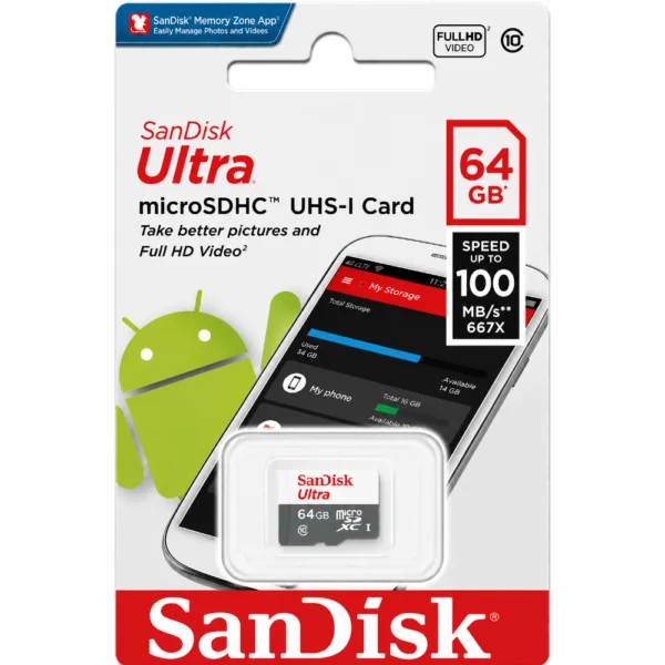 SanDisk Ultra SDSQUNR-064G-GN3MN microSD Card, Up to 100MB/s Read Speed, UHS-I Class 10 Memory Card for Smartphones, Tablets & Cameras - 64GB
