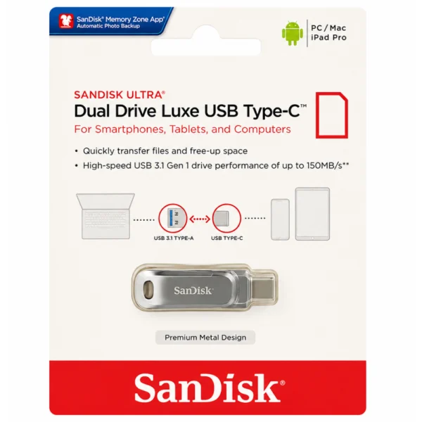 SanDisk Ultra Dual SDDDC4-032G-G46 Flash Drive, with USB Type-C and USB Type-A, All-Metal Design, 150MB/s Read Speed