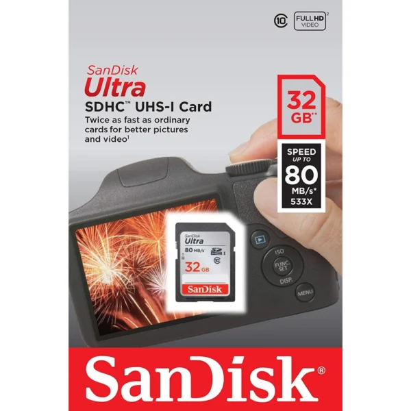SanDisk Ultra SDSDUN4-032G-GN6IN Memory Card, Up to 120MB/s Read Speed, Class 10 Full HD SD Card for DSLR Cameras - 32GB