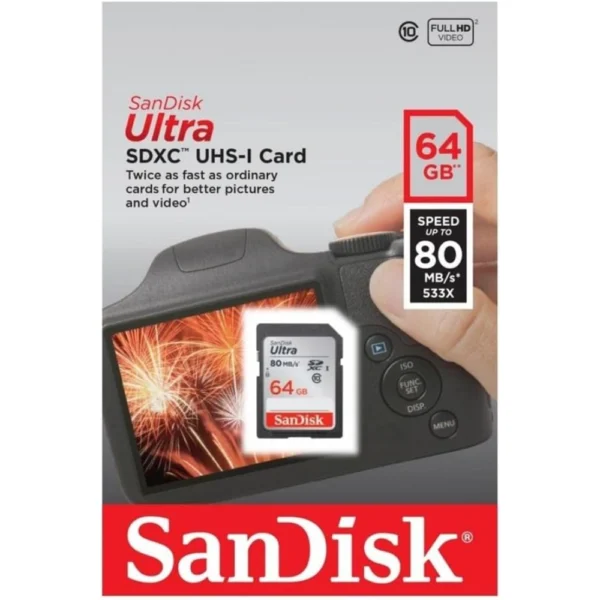 SanDisk Ultra SDSDUNB-064G-GN6IN Memory Card, Up to 140MB/s Read Speed, Class 10 Full HD SD Card for DSLR Cameras - 64GB