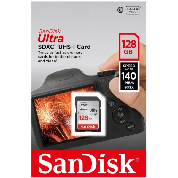 SanDisk Ultra SDSDUNB-128G-GN6IN Memory Card, Up to 140MB/s Read Speed, Class 10 Full HD SD Card for DSLR Cameras - 128GB
