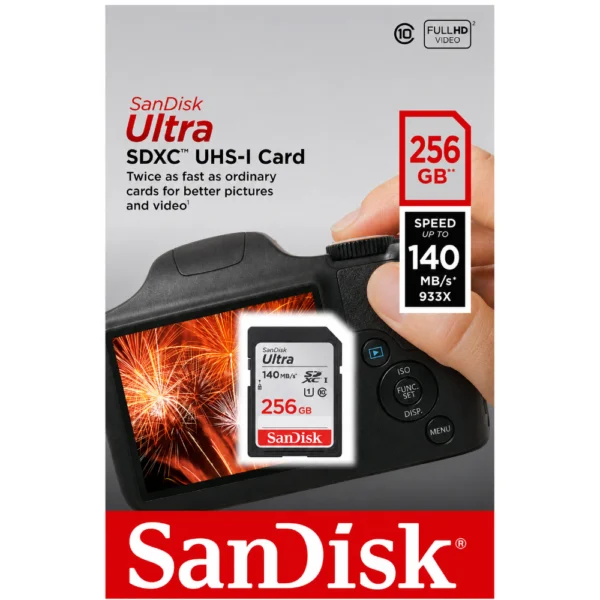 SanDisk Ultra SDSDUNC-256G-GN6IN Memory Card, Up to 140MB/s Read Speed, Class 10 Full HD SD Card for DSLR Cameras - 256GB