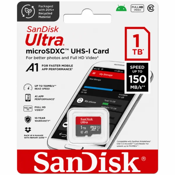 SanDisk Ultra SDSQUAC-1T00-GN6MN Card, Up to 150MB/s Read Speed, A1 App Performance, UHS-I Memory Card with SD Adapter - 1TB