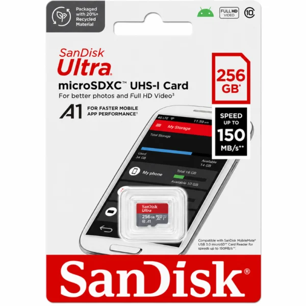 SanDisk Ultra SDSQUAC-256G-GN6MN microSD Card, Up to 150MB/s Read Speed, A1 App Performance, UHS-I Memory Card with SD Adapter - 256GB