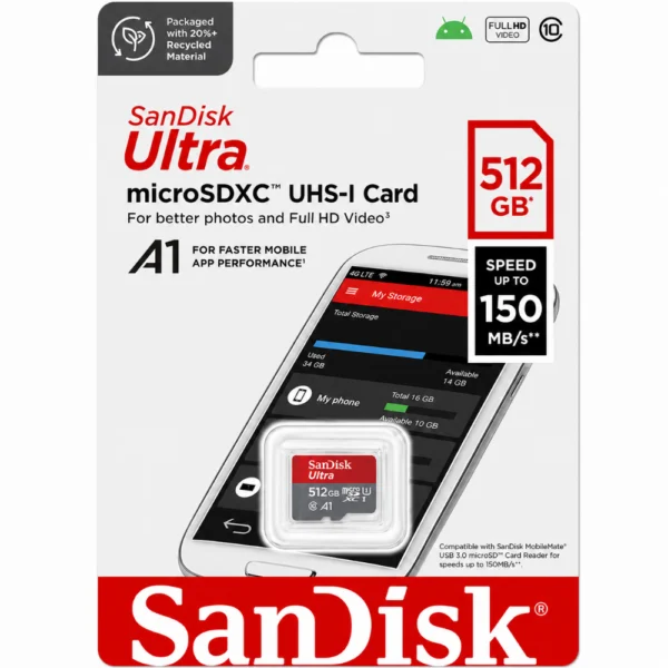SanDisk Ultra SDSQUAC-512G-GN6MN microSD Card, Up to 150MB/s Read Speed, A1 App Performance, UHS-I Memory Card with SD Adapter - 512GB