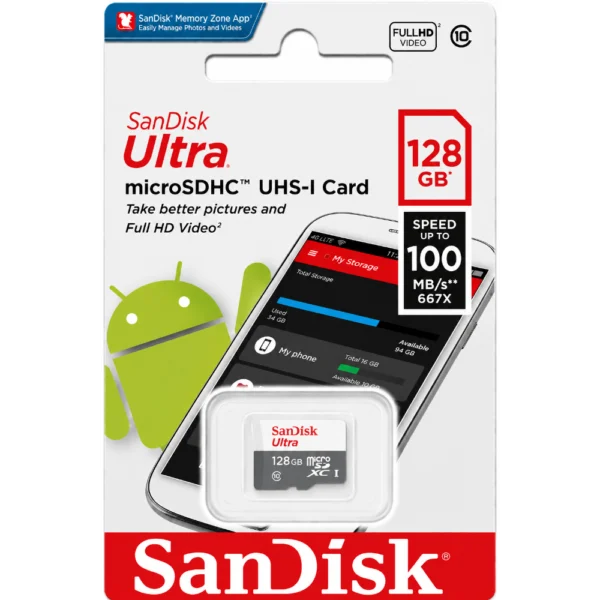 SanDisk Ultra SDSQUNR-128G-GN6MN microSD Card, Up to 100MB/s Read Speed, UHS-I Class 10 Memory Card for Smartphones, Tablets & Cameras - 128GB