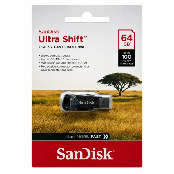 SanDisk Ultra Shift SDCZ410-064G-G46 Flash Drive, Up to 100MB/s Read Speed, Compact USB-A Memory Stick, SDCZ410-064G-G46