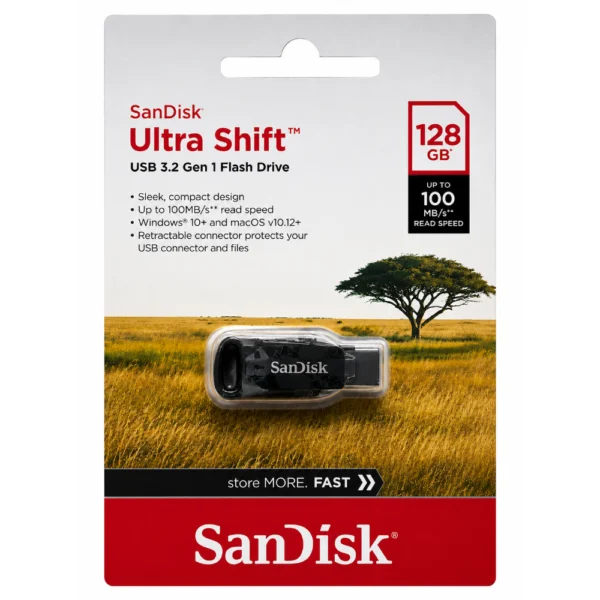 SanDisk Ultra Shift SDCZ410-128G-G46 Flash Drive, Up to 100MB/s Read Speed, Compact USB-A Memory Stick,