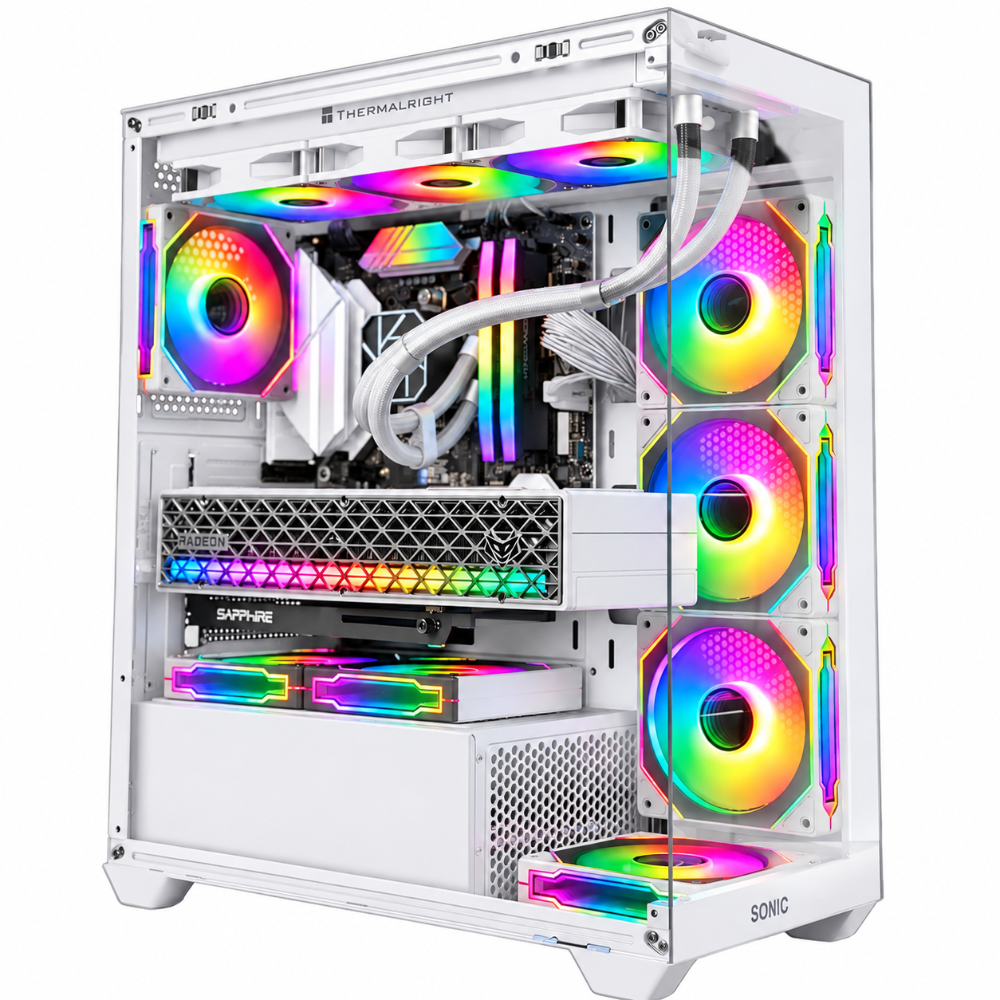 SONIC EL2 ATX Mid-Tower Gaming Case, Tempered Glass Side Panel, High-Airflow Mesh Front, 360mm Radiator Support – White – Pre-installed 4x Infinity ARGB Fans