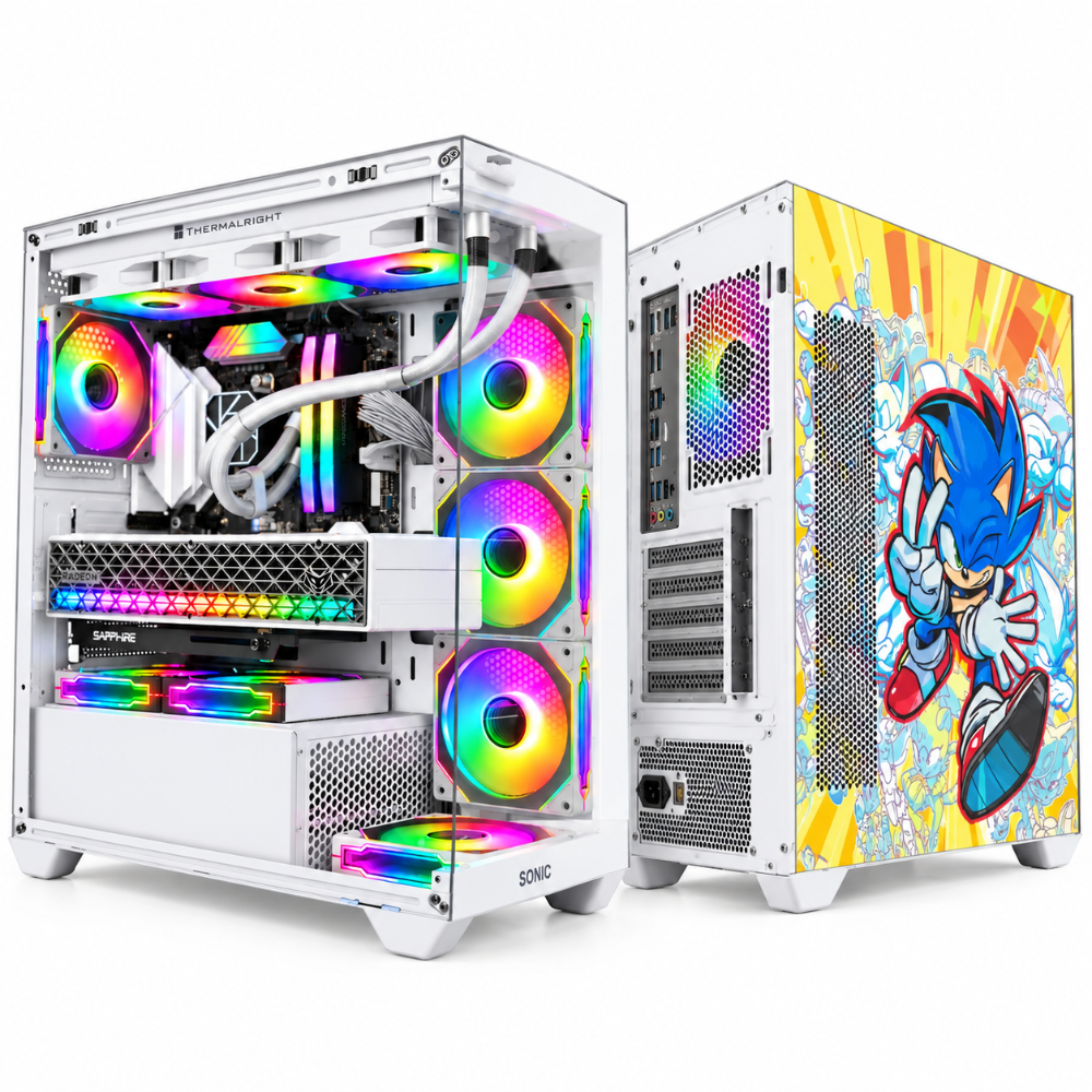 SONIC EL2 ATX Mid-Tower Gaming Case, Tempered Glass Side Panel, High-Airflow Mesh Front, 360mm Radiator Support – White Hedgehog Edition – Pre-installed 4x Infinity ARGB Fans