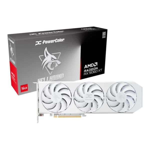 PowerColor Hellhound Spectral White AMD Radeon RX 9060 XT 16GB GDDR6 OC Graphics Card, Triple Fan, RX9060XT 16G-L/OC/WHITE